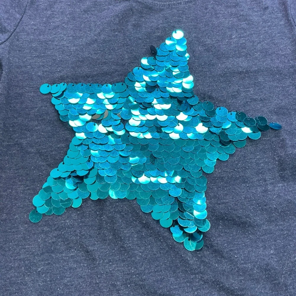 Cherokee Navy Blue Sequin Star Shirt Kids Size S 6-6X Flip Sequin Short Sleeve